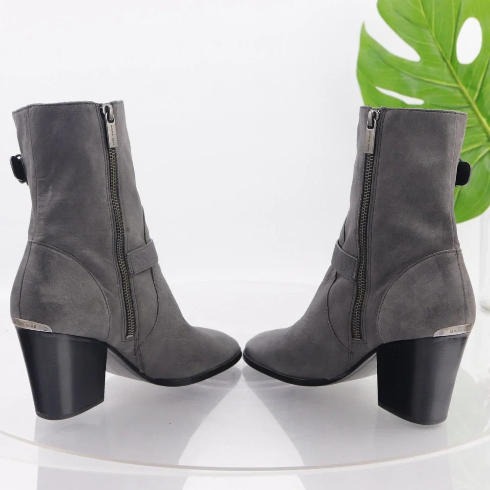 Michael Kors Womens Ashton Boots Size 7.5 Gray Leather Block Heel Bootie Buckles